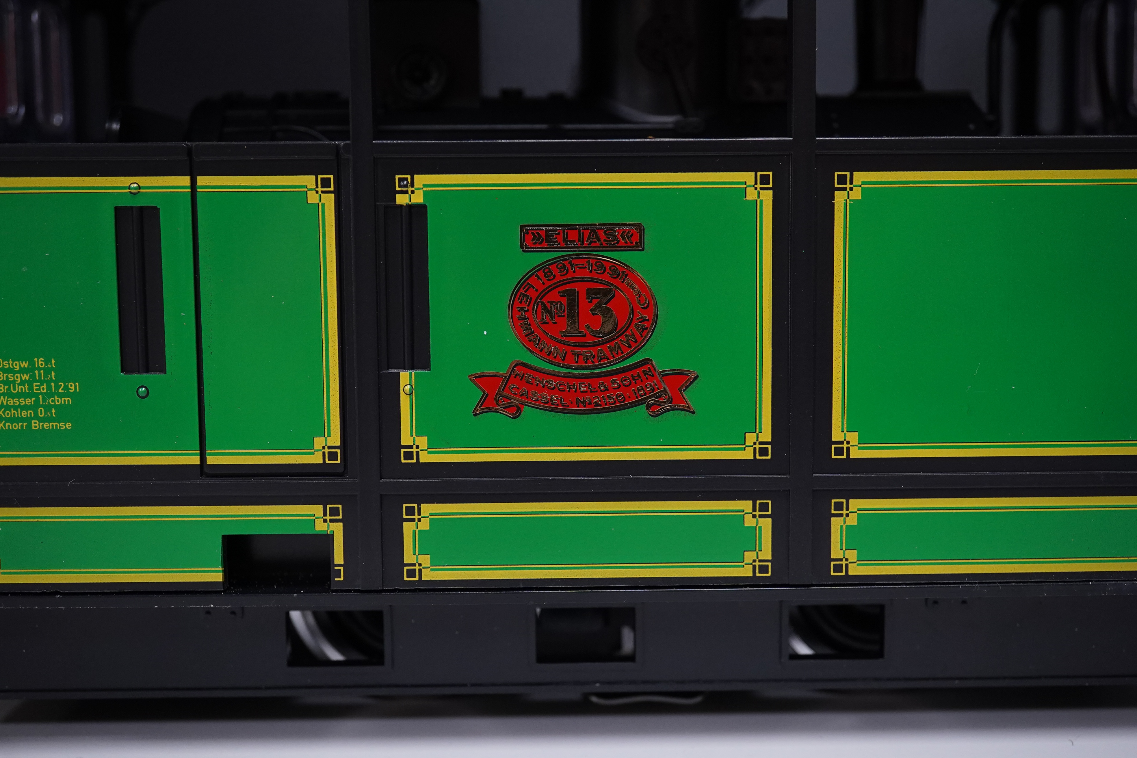 A boxed Lehman LGB (2150) G scale railway 0-4-0 steam tramcar locomotive, 13, in green and black livery. Condition - good, evidence of very minor running wear only.